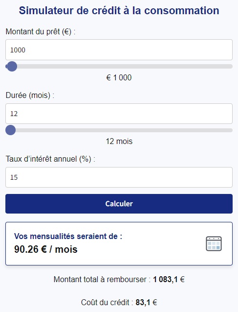 Simulation d'un crédit de 1000 euros sur 12 mois (1 an)