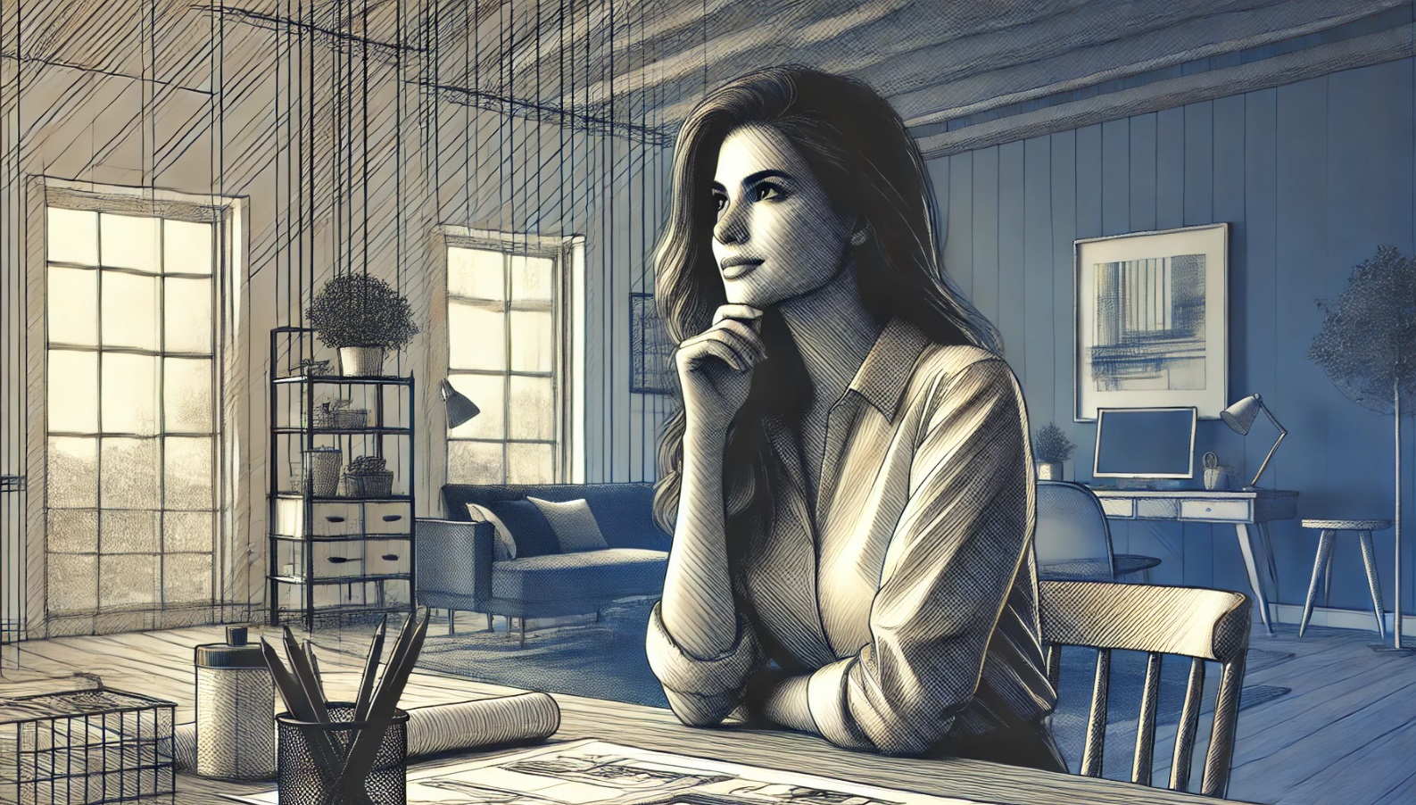 Illustration d'une femme réfléchissant à des projets qu'elle pourrait financer avec un credit de 30 000 euros