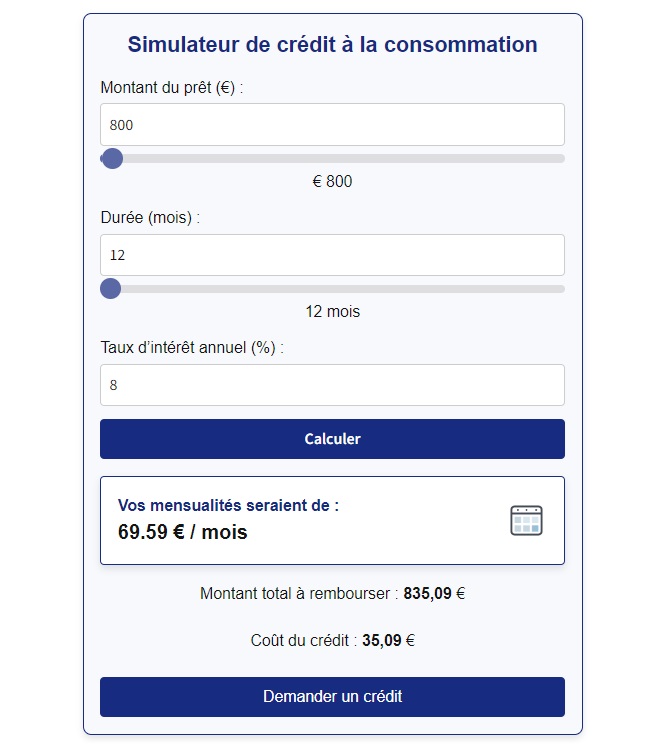 Exemple de simulation d'un microcredit de 800€ avec remboursement sur 12 mois