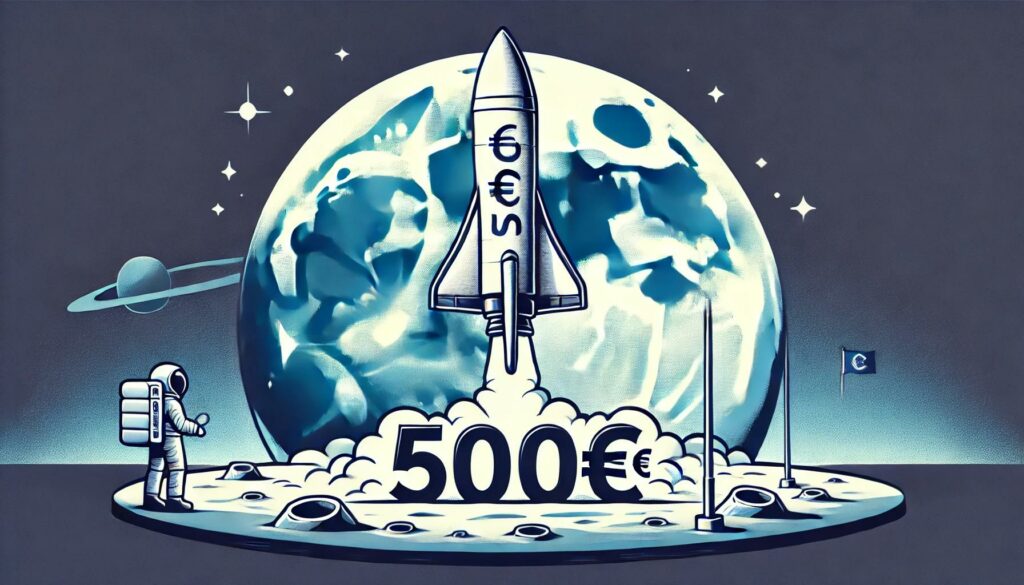 Image d'une fusée avec 500 euros marqué dessus pour illustrer un pret express de 500 euros, rapide et en 24h