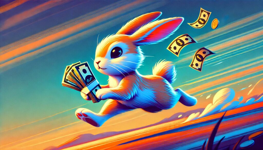 Illustration d'un credit de 2000 euros sans justificatif rapide par un lapin qui court avec de l'argent