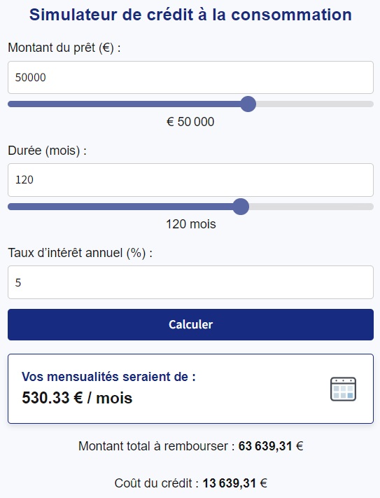 Simulation d'un prêt personnel 50000 euros sur 10 ans