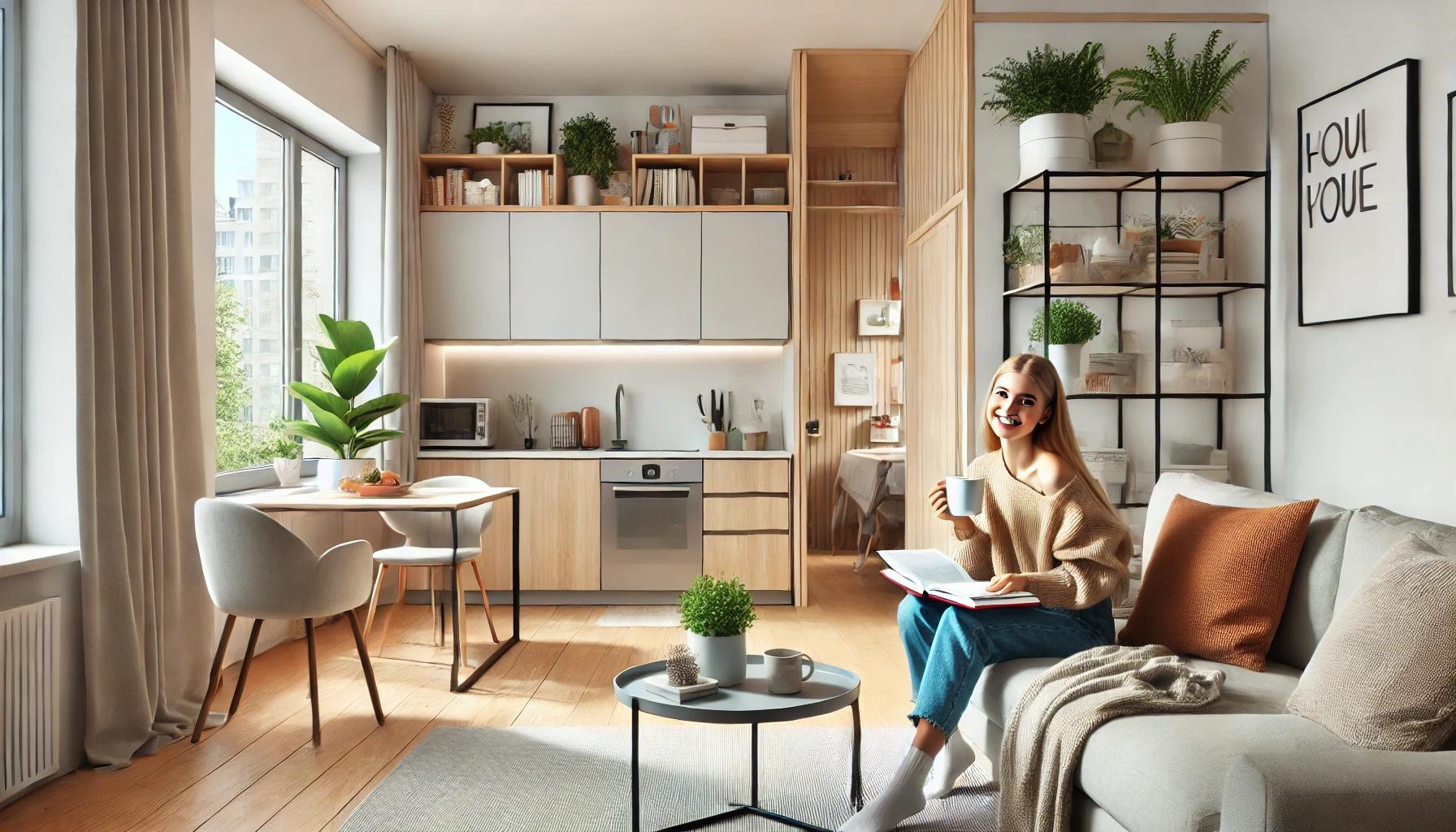 Image de l'intérieur d'un studio avec une étudiante pour illustrer un crédit immobilier de 115 000 euros