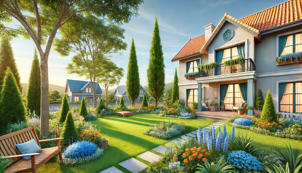 Illustration d'un pret immobilier de 140000 euros par une maison avec jardin