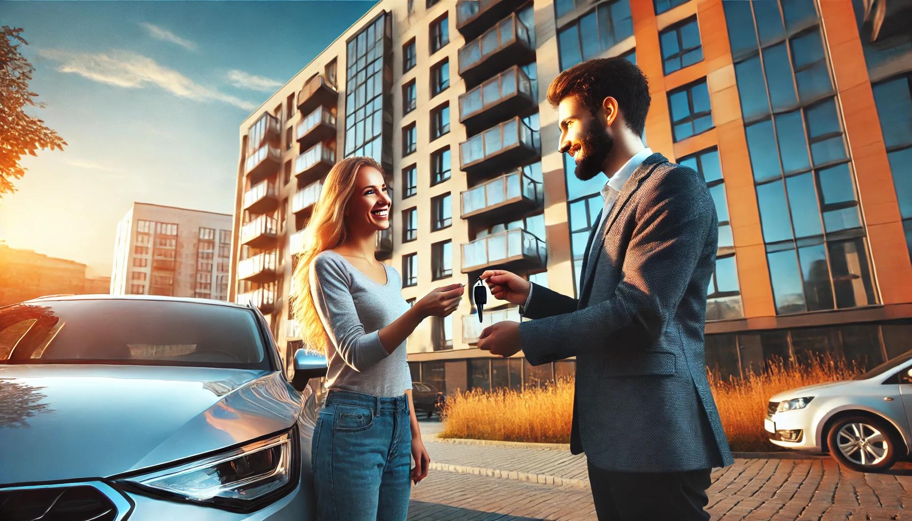 Illustration d'un credit de 17000 euros par une femme achetant une voiture d'occasion